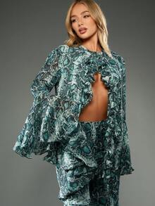 MISSGUIDED Langarm Schlangen-Muster Ausschnitt Rüschen Bluse für Partys, Abende, Clubs, Statement Top, elegante Mode für Herbst und Feiertage - Grün - Übersicht 1