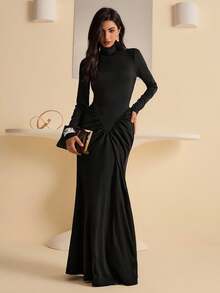 Lyxana Women's High Neck Long Sleeve Backless Ruched Slim Fit Dress - Black - View 1