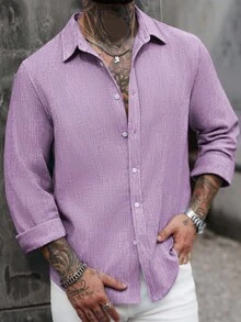 Manfinity CasualCool Men Single-Breasted Casual Linen Long Sleeve Shirt, Textured Boho Shirt, Fall - Purple - View 6