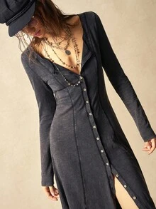 Bohemela Đầm dệt kim cổ vuông tay dài màu trơn đơn giản dành cho nữ - màu đen - Xem 3