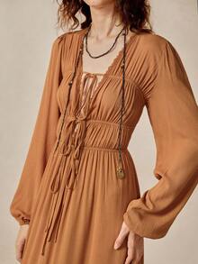 Florisole Váy Maxi Dài Phong Cách Bohemian Mùa Hè Mới Của Pháp, Cổ Chữ V, Thắt Lưng, Ôm Vừa Vặn, Thời Trang Đa Năng Cho Nữ - màu nâu - Xem 7