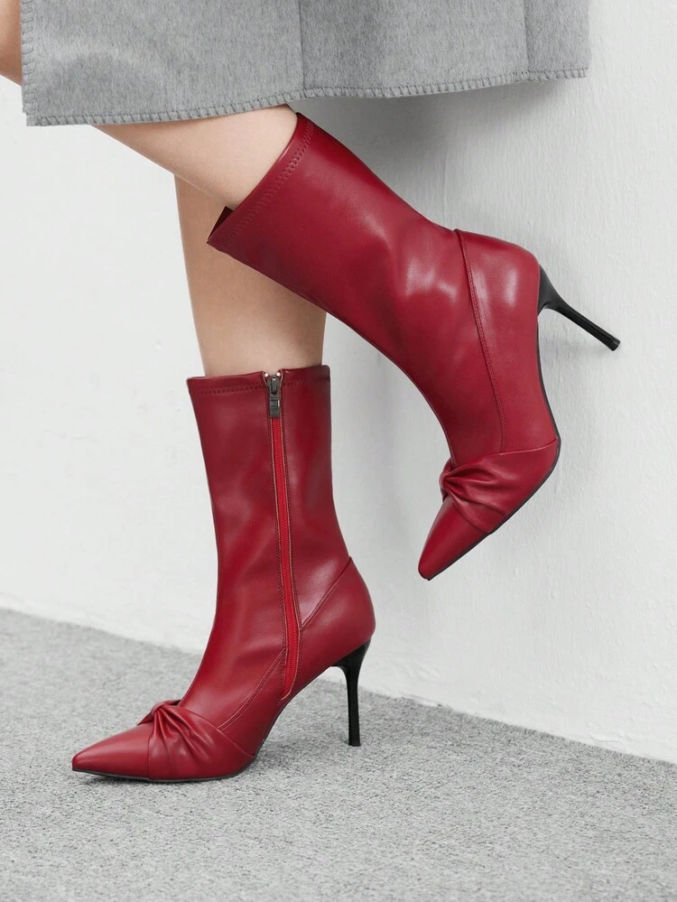 CUCCOO SZL Sexy Women's Burgundy Pointed Toe High Heel Boots, Fashion & Warm Fluffy Boots