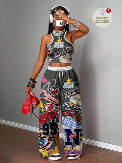 Slaydiva 2pcs/Set Women Casual Vintage Street Style Graffiti Letter Cross Print Sleeveless Top And Loose Fit Pants Suit, Suitable For Street Wear