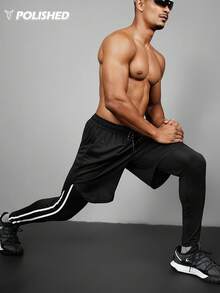 Manfinity Acti Log 男士撞色条纹抽绳腰带二合一运动裤 - 黑色 - 查看 9