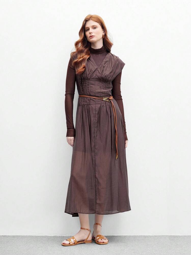 CUCCOO BIZCHIC 1cm Heel Brown PU Women's Fashion Comfortable Flat Slide Sandals