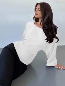 Firerie 女士新款优雅浪漫休闲都市通勤时尚百搭咖啡棕色圆领蝙蝠袖长袖系带X型修身衬衫，适合教师穿着，春夏秋季皆宜 - 白色 - 查看 7