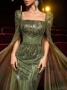 Glamrae فستان أنيق فاخر أخضر زيتوني بياقة مربعة وأكمام طويلة مرصع بالترتر شفاف بتصميم حورية البحر، مناسب للزفاف والحفلات والمناسبات الرسمية والسهرات الراقية وحفلات الضيوف