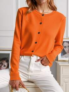 EMERY ROSE Solid Color Round Neck Front Button Casual Cardigan Fall Winter Cloth For Women - Orange - View 6
