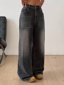 DAZY Jeans anchos de mujer con efecto desgastado y lavado vintage, con forro polar grueso, estilo vaquero occidental, para otoño/invierno