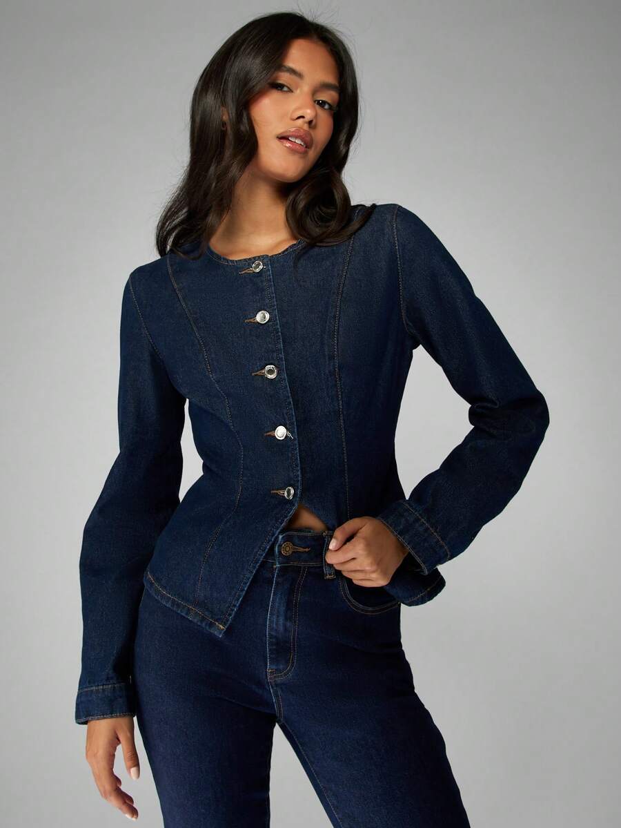 MISSGUIDED Linen Cotton Fitted Denim Button Up Jacket Structured High Fashion Professional Workwear Fall Winter Classic Office Style Casual Outerwear