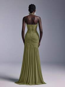 Elitara Elegant Halter Neck 3D Floral Bust Ruched Mesh Sheer Fishtail Bridesmaid Dress - Olive Green - View 2