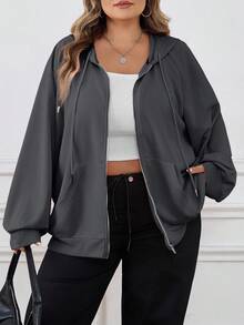 SHEIN CURVE+ Plus Size Women's Solid Color Raglan Sleeve Zipper Front Pocket Drawstring Sweatshirt, Casual For Autumn/ Winter - Dark Grey - View 6