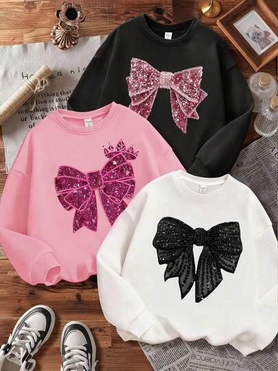 年轻女孩休闲时尚创意蝴蝶结可爱图案印花圆领卫衣，年轻女孩街头风格秋季服装，秋冬