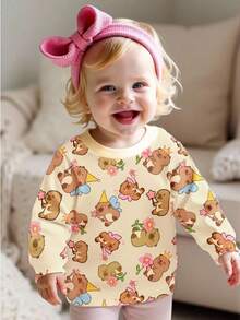 Baby Girl Cute Capybara Animal Cartoon Floral Star Print Long Sleeve Crew Neck Sweatshirt, New Autumn/Winter - Multicolor - View 3
