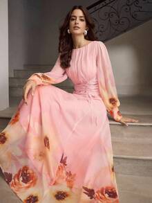 ZEYLAH Printed Long Pleated Waist Cinched Autumn/Winter Dress - Multicolor - View 1