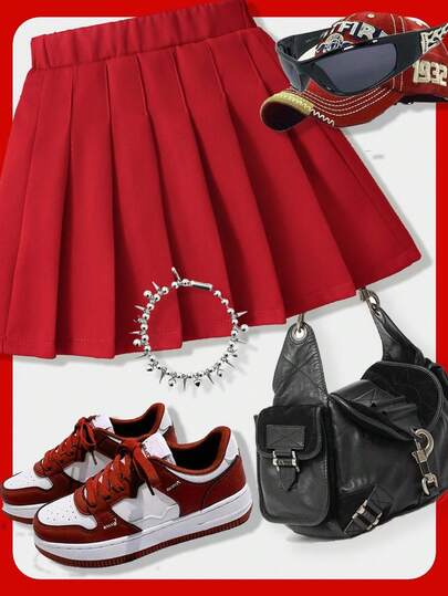 SHEIN Elladie kids Ung flicka Enfärgad plisserad minimalistisk A-linje röd kjol, Casual & Vacation