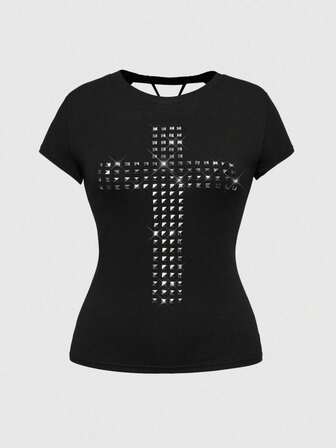 Grunge Punk Plus Size Women Y2K Punk Cross Rivet Design Laser Cut-Out Back Fitted T-Shirt, Solid Color Versatile