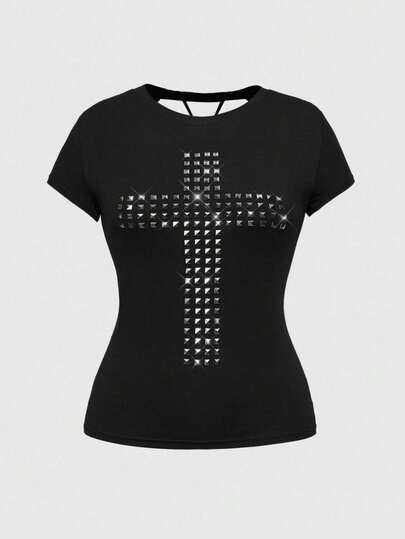 Grunge Punk Plus Size Women Y2K Punk Cross Rivet Design Laser Cut-Out Back Fitted T-Shirt, Solid Color Versatile