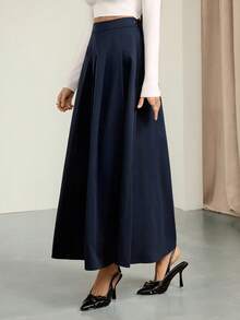 SHEIN Tall Váy dài đi làm thanh lịch xếp ly màu trơn cho nữ, phong cách thường ngày mùa thu đông, Lễ Tạ ơn, thường ngày, váy thanh lịch, phong cách công sở đi làm - Màu xanh lam - Xem 4