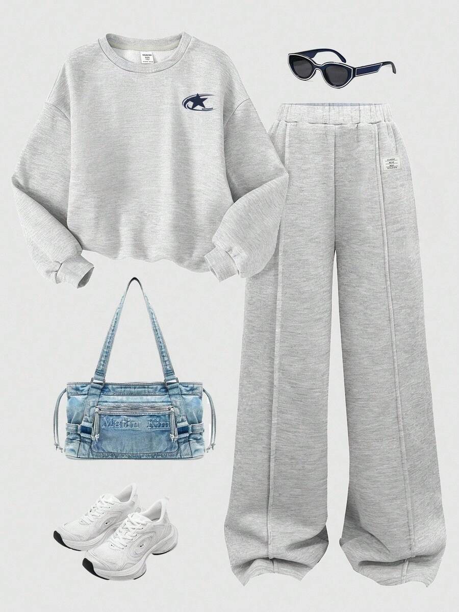 SHEIN 青少年女孩休闲校园街头时尚字母和数字图案圆领运动衫和褶皱阔腿直筒裤针织运动服套装，灰色返校装 - 灰色 - 查看 1