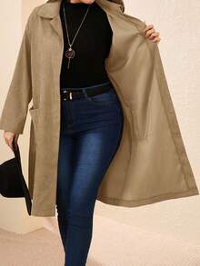 EMERY ROSE 加大码棕色乡村灯芯绒双口袋纽扣门襟中长外套，秋季长款外套，冬季乡村音乐会外套 - 卡其色 - 查看 7