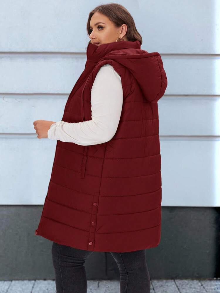 Plus Size Plain Hooded Padded Vest Jacket With Pockets/Winter
