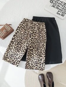 Baby Girl 2pcs Set: Loose Leopard Print Wide Leg Pants And Solid Black Wide Leg Pants , Casual Chic Outfits For Autumn/Winter - Black - View 7