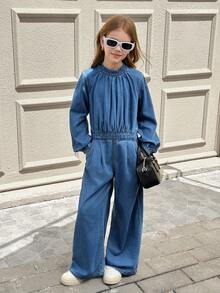 SHEIN Tween Girls Fashionable Soft Crew Neck Long Sleeves Blue Denim Jumpsuit Overalls,Loose Baggy Casual Jeans For Summer School Back-To-School Outfits - Dark Wash - View 6