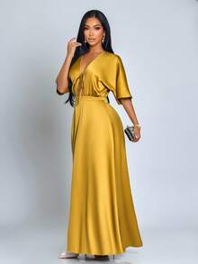 SOLERSUN Women's Mustard Yellow Summer Elegant Party Night Satin Long Dress,Old Money Minimalist V Neck Glossy Banquet Gala Prom Outing Clothing For Ladies - Mustard Yellow - View 5