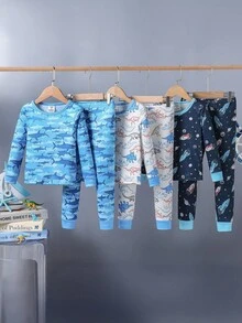 6 件套男童舒适睡衣套装，卡通恐龙、酷炫蓝色海洋鲨鱼、外太空火箭和星球印花，撞色饰边设计，弹力面料 - 彩色 - 查看 3