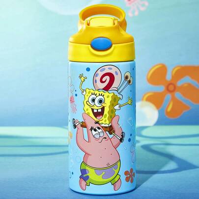 SpongeBob SquarePants | SHEIN 16 Oz / 500 Ml Stainless Steel Leak-Proof With Lid And Pop-Up Straw ,Suitable For Children Over 3 Years Old, Back To School