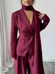 SHEIN Elenzya 女士勃艮第红厚面料不对称设计翻领长袖西装外套和阔腿裤两件套西装，优雅精致 - 酒紅色 - 查看 5