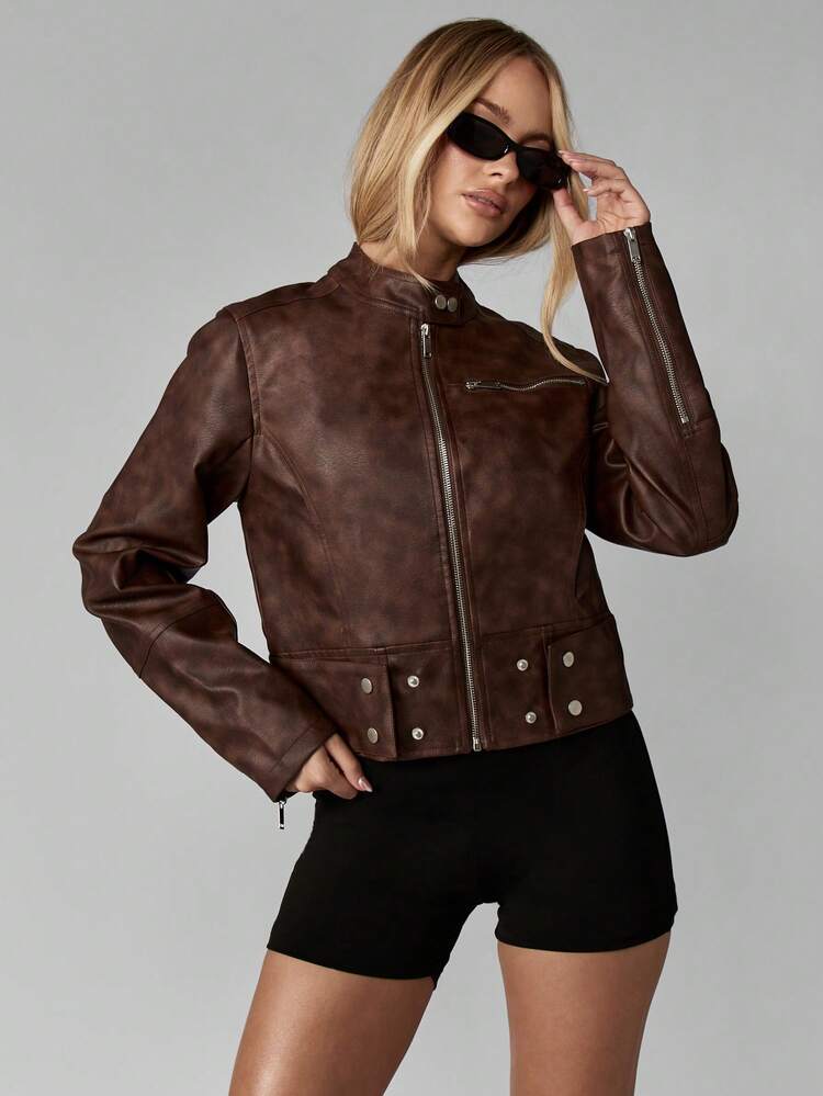 MISSGUIDED Women Brown Leather Motorcycle Jacket Classic Biker Zip Up Fall Winter Cropped Fashion Moto Coat Vintage Style Rock Punk Streetwear