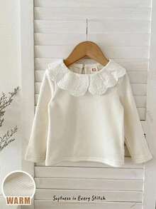 Cozy Pixies Baby Girl Solid Color Crew Neck Long Sleeve Pullover Top, Versatile & Comfortable Fall Winter - White - View 5