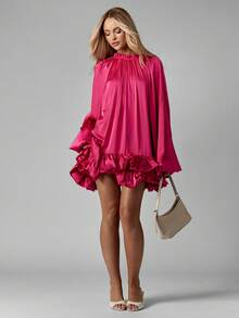 MISSGUIDED Volume Mini Dress Ruffle Hem High Neck Satin Elegant Party Occasion Statement Balloon Sleeve Gathered Holiday Fall Winter - Hot Pink - View 4