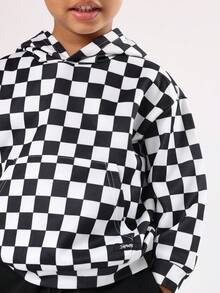 SUMWON Kids Checkerboard Pattern Hoodie And Jogger Set Fall Winter Matching Outfit With Drawstring Centre Pocket Casual Streetwear - Black - View 5