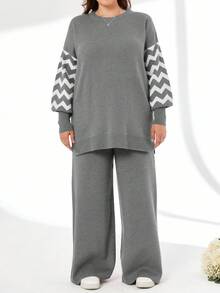 SHEIN Cottnline Plus Size Striped Color Block Sweater And Pants Two-Piece Set, For Winter - Grey - View 5