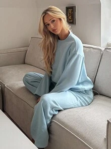 Livesso 女士简约字母图案抓绒针织套头睡衣套装，冬季 - 藍色 - 查看 5