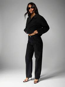 MISSGUIDED Cotton High Rise Polka Dot Wide Leg Jeans For Women Fall Winter Classic Pattern Denim Trousers Vintage Inspired Bottom Wear