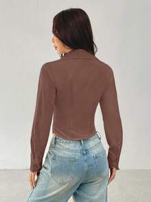 SHEIN PETITE Áo sơ mi dài tay cơ bản, giản dị, có cạp chun - màu nâu - Xem 2