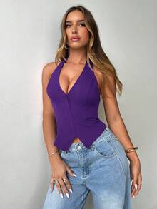 Aloruh Women's Sexy U-Neck Hook Design Open Back Halter Top - Purple - View 7
