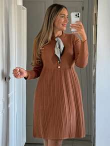 Vivie Lora Women's Bowknot Collar Loose Knit Sweater Dress - Burgundy - View 1