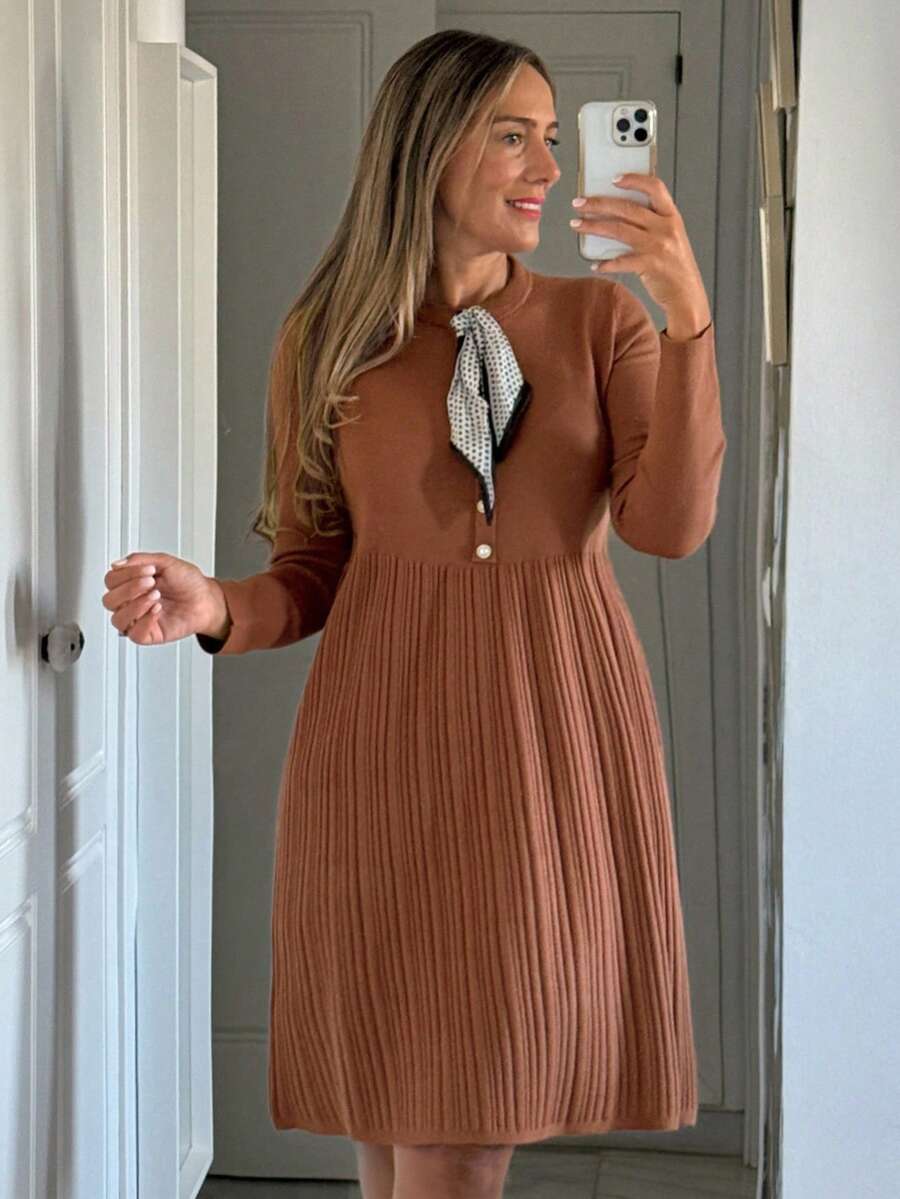Vivie Lora Women's Bowknot Collar Loose Knit Sweater Dress - Burgundy - View 1