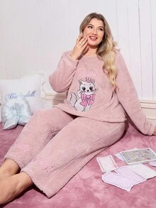 SweetSlumber Plus Size Sweet And Cute Embroidered Bow Princess Cat Thickened Two-Piece Comfortable Cozy Pajama Set, Winter Clothes, Fluffy - Pink - View 6