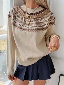 DAZY Áo len họa tiết hoa phối màu đơn giản dành cho nữ, mùa thu, năm mới, giáng sinh - Màu be - Xem 6