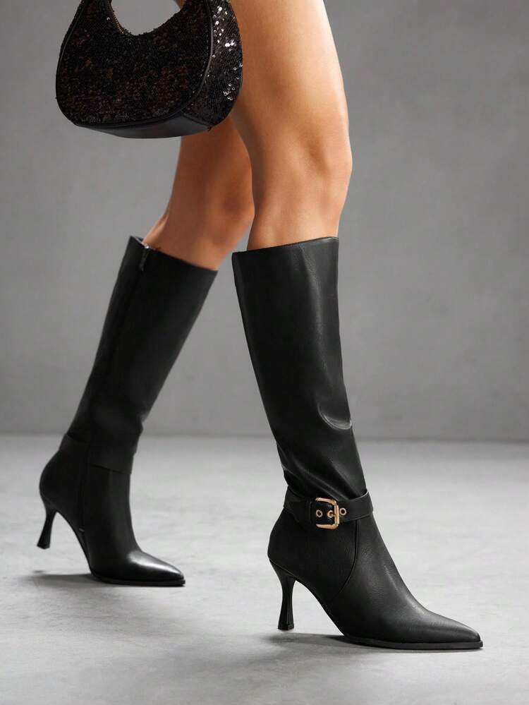 CUCCOO SZL Women's Autumn/Winter New Tall Boots, Black Pointed Toe Slim Stiletto Heel Elastic Riding Boots With Metal Decor