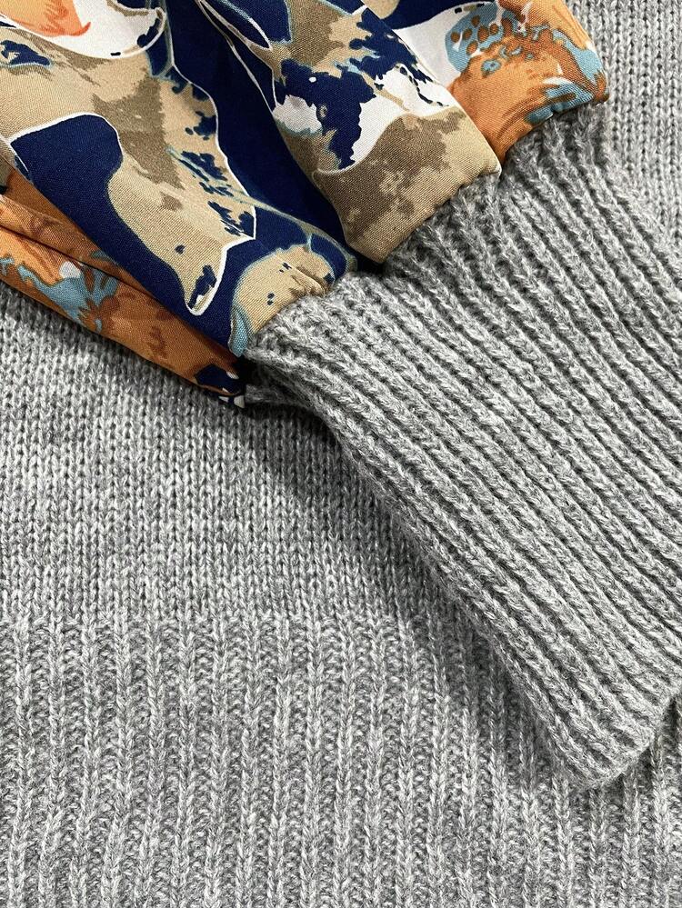 Plus Size Floral Print Patchwork Knit Sweater, Casual For Autumn/Winter Fall,Knitted Sweater In Fall/Winter, Curve Business Casual
