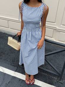 MainGRL Women's Casual Blue Plaid Midi A-Line Dress Sleeveless Square Neck With Ruffle Hem In Woven Fabric For Summer Picnic Outfit Women Picnic Dress Blue Gingham Dress Blue And White Dress Women - Blue - View 3