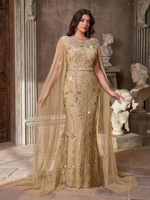 Aureia 加大码优雅浪漫香槟金奢华船领奢华串珠亮片亮片装饰网眼喇叭袖美人鱼下摆正式晚礼服 - 香檳色 - 查看 7