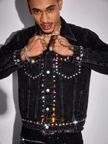 ROMWE MEN Street Life Rhinestone Embellished Casual Loose Personalized Long Sleeve Men Denim Tops, For Fall - Black - View 1